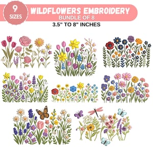 Pode incluir: Um conjunto de 8 desenhos de bordado que apresentam flores silvestres coloridas em uma variedade de arranjos. Os desenhos estão disponíveis em 9 tamanhos, que variam de 3,5 polegadas a 8 polegadas.  Conjunto de bordado de flores silvestres de 8.