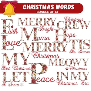 May include: A set of 13 Christmas-themed words, each letter is decorated with a floral pattern in red, white, and green. The words include "Merry", "Christmas", "Crew", "Hope", "Tis", "The Season", "Meow", "Peace", "In My", "Christmas Era", "Faith", "Love", and "Let It Snow".