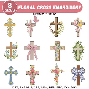 Mini Christian Cross Embroidery Bundle, 12 Floral Rose Bow Cross Designs, Machine Embroidery Digital Download, PES DST VP3 Instant Download