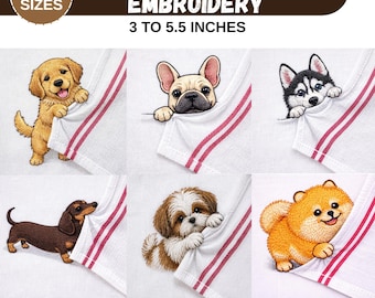 Diseños de bordado para toallas con cachorros asomándose, paquete de toallas de cocina ITH con diseño de perro, archivos de bordado a máquina de Labrador, Husky, Shih Tzu y Dachshund.