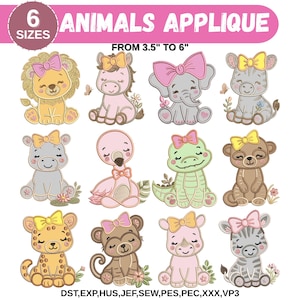 May include: A set of animal applique designs, including a lion, zebra, elephant, and others, each with a bow and floral details. The designs vary in size from 8.89 cm to 15.24 cm. The text "ANIMALS APPLIQUE" is displayed at the top.