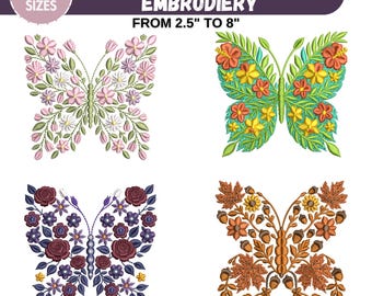 Maskinbroderi med fjärilar, broderifiler med blommiga fjärilar, djurbroderimönster, pes dst etc., 12 storlekar - direkt nedladdning