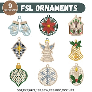 Könnte beinhalten: Neun FSL-Ornament-Designs werden gezeigt, darunter Fäustlinge, ein Weihnachtsstern, ein Lebkuchenhaus, ein Stern, ein Engel, eine Glocke, ein Tropfen, ein Schneeflocke und eine Kerze. Der Text "FSL ORNAMENTS" steht oben. Der Text "9 DESIGNS" befindet sich oben links.