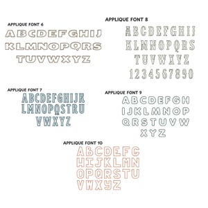 May include: A sheet of paper with different applique fonts in various colors. The fonts are labeled with numbers 6, 7, 8, 9, and 10. The fonts include uppercase letters and numbers.