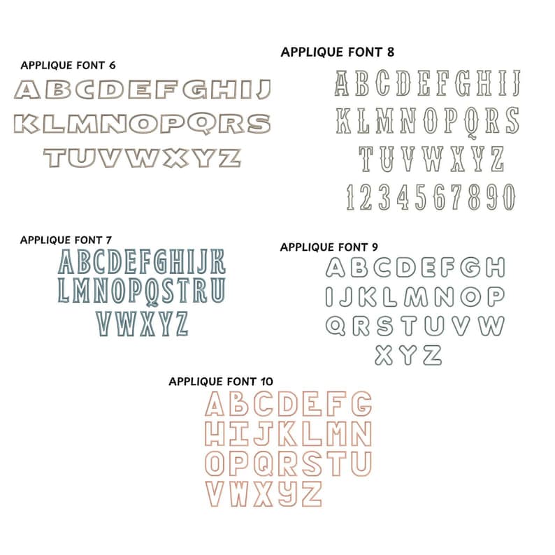 May include: A sheet of paper with different applique fonts in various colors. The fonts are labeled with numbers 6, 7, 8, 9, and 10. The fonts include uppercase letters and numbers.