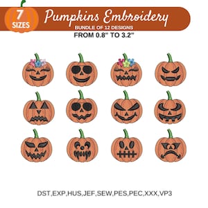 May include: A set of 12 embroidery designs featuring various pumpkin faces, including a pumpkin with sunglasses, a pumpkin with a flower crown, and a pumpkin with a scary face. The designs are available in 7 sizes, ranging from 0.8 inches to 3.2 inches. The file formats included are DST, EXP, HUS, JEF, SEW, PES, PEC, XXX, and VP3.