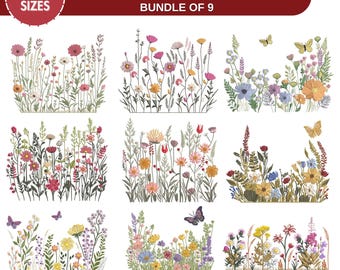 May include: A set of 9 embroidery designs featuring colorful wildflowers in a variety of styles. The designs are available in 5 sizes and come in the following formats: DST, EXP, HUS, JEF, SEW, PES, PEC, XXX, VP3.