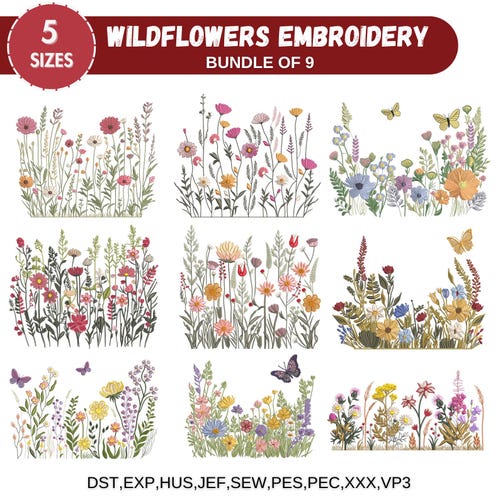 Wildflower Meadow Machine Embroidery Design, Cottagecore Wild Flowers, Boho Flower, Wildflower Embroidery Bundle, 5 Sizes, Instant Download