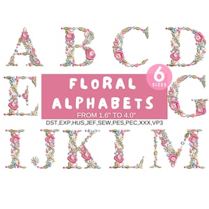 Floral Font Embroidery, A-Z Full Flower Alphabet Machine Embroidery Designs, Uppercase Letters, PES DST etc - 6 sizes - Instant Download