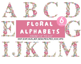 Bloemen lettertype borduurwerk, A-Z volledige bloem alfabet machine borduurwerk ontwerpen, hoofdletters, PES DST etc - 6 maten - Instant Download