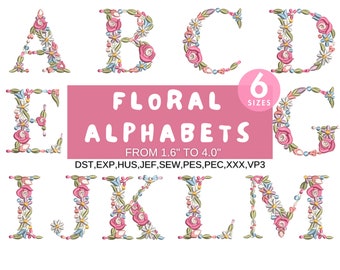 Florale Schriftstickerei, A-Z Vollblumen-Alphabet-Maschinenstickmotive, Großbuchstaben, PES DST usw. - 6 Größen - Sofortiger Download