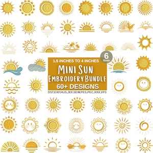 May include: A collection of over 60 mini sun embroidery designs in various styles, ranging from 1.5 to 4 inches in size. The designs include suns with rays, smiling faces, and sunrises, all in a golden yellow color.