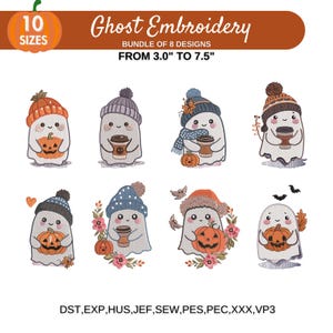 May include: A set of 8 embroidery designs featuring cute ghosts wearing hats and holding pumpkins. The designs are available in sizes from 3.0 to 7.5 inches. The file formats included are DST, EXP, HUS, JEF, SEW, PES, PEC, XXX, and VP3.