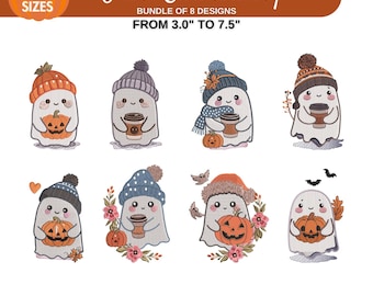 Halloween Embroidery Designs, Ghost with Coffee and Pumpkin, Boo Embroidery, Scary Cute Floral Ghost, PES DST, 10 sizes, Instant Download