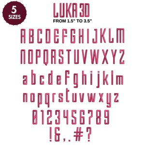 May include: A pink 3D font alphabet set called "LUKA 30" with uppercase and lowercase letters, numbers, and punctuation marks. The font is available in five sizes from 1.5 inches to 3.5 inches.