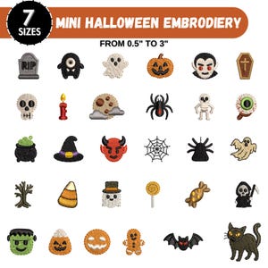 Può includere: Una collezione di mini ricami di Halloween, tra cui una lapide, un fantasma, una zucca, un vampiro, una bara, un teschio, un ragno, un cappello da strega e altro ancora. Le dimensioni variano da 1,27 cm a 7,62 cm.