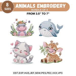 Safari Animals Embroidery Designs, Zoo Animal Machine Embroidery, Baby Girl Embroidery, Forest Animal, Farm Animal, 6 Sizes,Instant Download