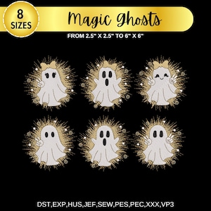 May include: Eight embroidery designs of cute ghosts with bows and peace signs, in various sizes from 2.5 inches to 6 inches. The designs are perfect for Halloween crafts and projects. The file formats included are DST, EXP, HUS, JEF, SEW, PES, PEC, XXX, and VP3.