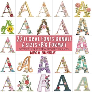 Puede incluir: Una cuadrícula de diseños bordados de la letra "A" en varios patrones florales y colores. La imagen incluye el texto "22 FLORAL FONTS BUNDLE" y "6 SIZES+BX FORMAT". Las letras están en diferentes estilos, con flores y hojas.