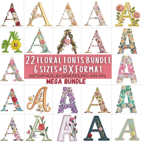 Floral Font Embroidery, A-Z Full Flower Alphabet Machine Embroidery Designs, Uppercase Letters, BX font, PES DST -6 sizes - Instant Download