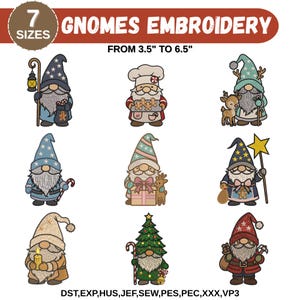 May include: A collection of seven gnome embroidery designs. Each gnome is uniquely styled, holding items like a lantern, gingerbread cookies, or a Christmas tree. The designs range from 3.5 to 6.5 inches in size. The text "GNOMES EMBROIDERY" is at the top.