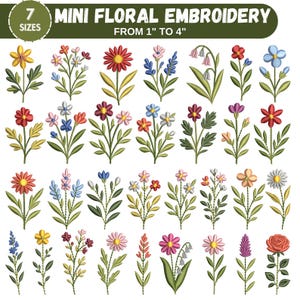 Puede incluir: Diseños de bordado floral en miniatura en varios colores, incluyendo amarillo, rojo, azul y rosa. Los diseños varían de 2,5 cm a 10 cm. La imagen incluye el texto "7 Sizes" y "Mini Floral Embroidery".