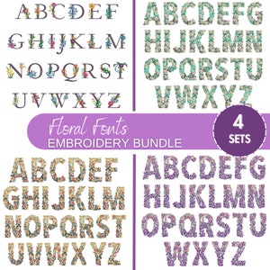 Bordado de fuentes florales, diseños de bordado de máquina de alfabeto de flores completas A-Z, letras mayúsculas, PES DST, etc. - 6 tamaños - Descarga instantánea