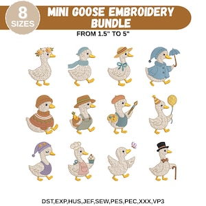 Puede incluir: Un conjunto de diseños de bordado de mini gansos, de 3,8 cm a 12,7 cm. Los diseños presentan gansos con diferentes atuendos y sosteniendo varios objetos. El texto en la parte superior dice "MINI GOOSE EMBROIDERY BUNDLE".