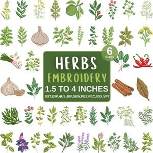 Può includere: Una collezione di disegni per ricamo digitale con varie erbe, spezie e piante, tra cui aglio, peperoncini e bastoncini di cannella. Un cartello verde centrale mostra il testo HERBS EMBROIDERY 1.5 TO 4 INCHES e i formati dei file.