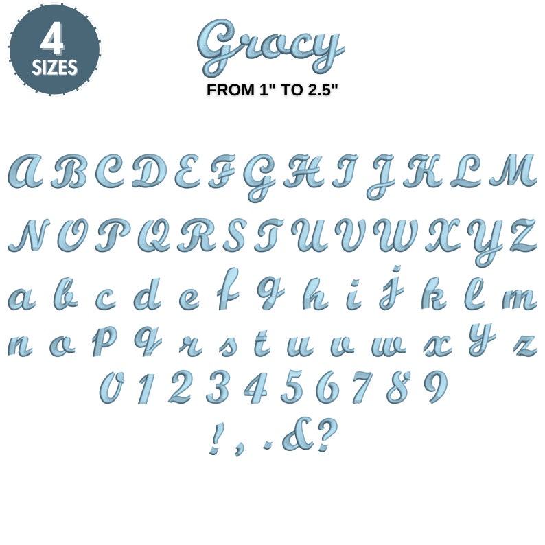 May include: A blue and white alphabet font with uppercase and lowercase letters, numbers, and punctuation marks. The font is called "Gracy" and is available in sizes from 1 to 2.5 inches.