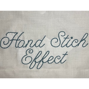 K&ouml;nnte beinhalten: Handgestickte Stickerei auf wei&szlig;em Stoffhintergrund. Der Text lautet "Hand Stick Effect".