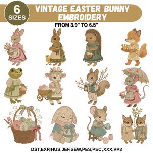 Könnte beinhalten: Vintage Osterhasen-Stickmuster in verschiedenen Größen, von 9,9 cm bis 16,5 cm. Das Bild zeigt bezaubernde Tierfiguren, darunter Hasen, ein Frosch, ein Fuchs und eine Maus, alle in Vintage-Kleidung und mit Oster-Themen-Artikeln.