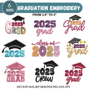 Diseños de bordado de graduación, graduación universitaria, graduación 2025, 6 tamaños, máquina de bordar para birretes, puntada de satén, descarga instantánea