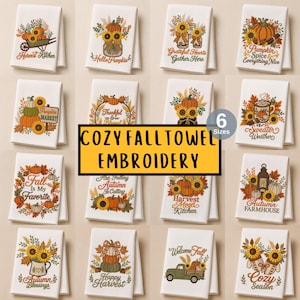 Fall Kitchen Towel Embroidery Designs, Autumn Sayings Bundle, Pumpkin Sunflower Word Art, Farmhouse Tea Towel Set, Instant Download