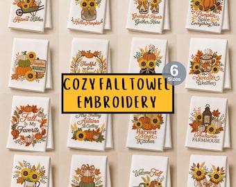Diseños de bordado para toallas de cocina de otoño, paquete de frases de otoño, arte de palabras de calabaza y girasol, juego de paños de cocina estilo granja, descarga instantánea