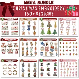 Könnte beinhalten: Ein Mega-Bundle mit Weihnachtsstickereien, mit über 130 Designs. Das Bild zeigt verschiedene thematische Sets, darunter Wildblumen, Märchen, Weihnachtsbäume, Schleifen, Rentiere, Zirkus und Gnome. Jedes Set enthält mehrere Größen, von 2.5 bis 16.5 cm.