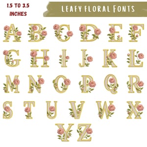 May include: A complete alphabet of leafy floral fonts, each letter is 1.5 to 3.5 inches tall. The letters are gold with a cream-colored center and adorned with pink flowers and green leaves. The text "LEAFY FLORAL FONTS" is at the top.