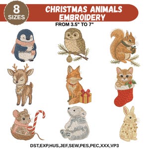 Puede incluir: Diseños de bordado de animales navideños, con un pingüino, un búho, una ardilla, un ciervo, un zorro, un gato, un ratón, un oso polar y un conejo. Los diseños miden entre 8,9 cm y 17,8 cm. Se muestra el texto "CHRISTMAS ANIMALS EMBROIDERY".