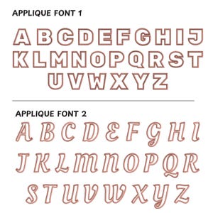 May include: Two sets of applique fonts in a copper colour. The first set is a block font, the second set is a script font. Both sets include the letters A through Z.