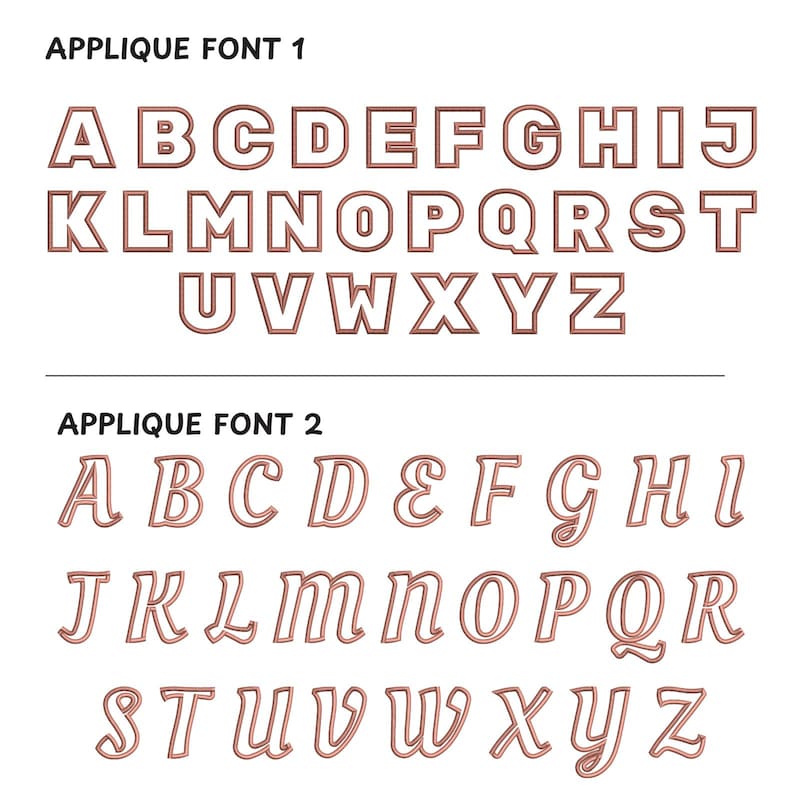 May include: Two sets of applique fonts in a copper colour. The first set is a block font, the second set is a script font. Both sets include the letters A through Z.