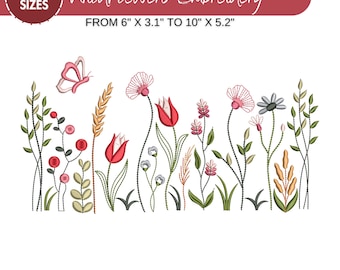 Puede incluir: Un diseño de bordado que presenta un prado de flores silvestres con una mariposa. El diseño incluye varias flores, trigo y follaje en tonos de rojo, rosa, verde y amarillo. El diseño está disponible en 5 tamaños, que van desde 15,2 cm x 7,9 cm hasta 25,4 cm x 13,2 cm.