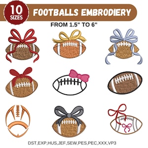 May include: Embroidered football designs with bows in various colours. The text reads "FOOTBALLS EMBROIDERY" and "FROM 1.5" TO 6"" with 10 sizes available. The designs include brown, orange, and black footballs with white stitching and bows. Sizes range from 3.8 cm to 15.2 cm.