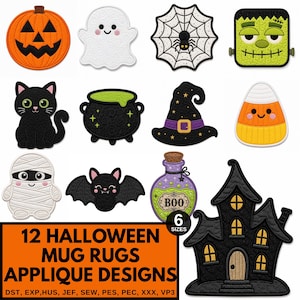 May include: A collection of 12 Halloween-themed machine embroidery applique designs for mug rugs, including a pumpkin, ghost, spider web, Frankenstein monster, black cat, cauldron, witch hat, candy corn, mummy, bat, potion bottle, and haunted house.