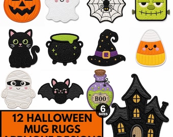 May include: A collection of 12 Halloween-themed machine embroidery applique designs for mug rugs, including a pumpkin, ghost, spider web, Frankenstein monster, black cat, cauldron, witch hat, candy corn, mummy, bat, potion bottle, and haunted house.