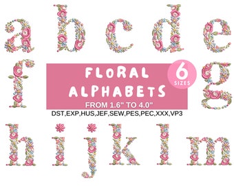 Bordado de máquina de fuentes florales, diseños de bordado de alfabeto de flores completas A-Z, letras minúsculas, PES DST, etc. - 6 tamaños - Descarga instantánea