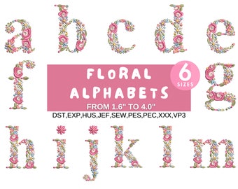 Floral Font Machine Embroidery, A-Z Full Flower Alphabet Embroidery Designs, Lowercase Letters, PES DST etc - 6 sizes - Instant Download