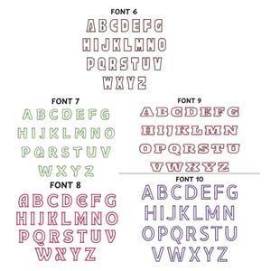 May include: Four different font styles are shown in this image. Each font style is labeled with a font number and includes the alphabet from A to Z. The fonts are outlined in different colors, including purple, green, red, and blue.