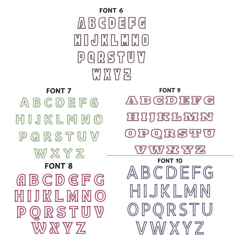 May include: Four different font styles are shown in this image. Each font style is labeled with a font number and includes the alphabet from A to Z. The fonts are outlined in different colors, including purple, green, red, and blue.