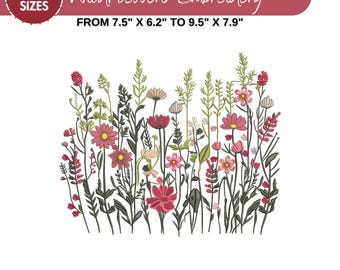 May include: Embroidery design of a field of pink and white wildflowers with green stems. The design is available in 5 sizes, ranging from 7.5 inches by 6.2 inches to 9.5 inches by 7.9 inches. The design is available in the following formats: DST, EXP, HUS, JEF, SEW, PES, PEC, XXX, VP3.