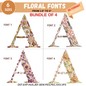 Diseños de bordado a máquina con letras florales, alfabeto de flores de la A a la Z, letras mayúsculas, fuente BX, PES DST -6 tamaños - Descarga instantánea